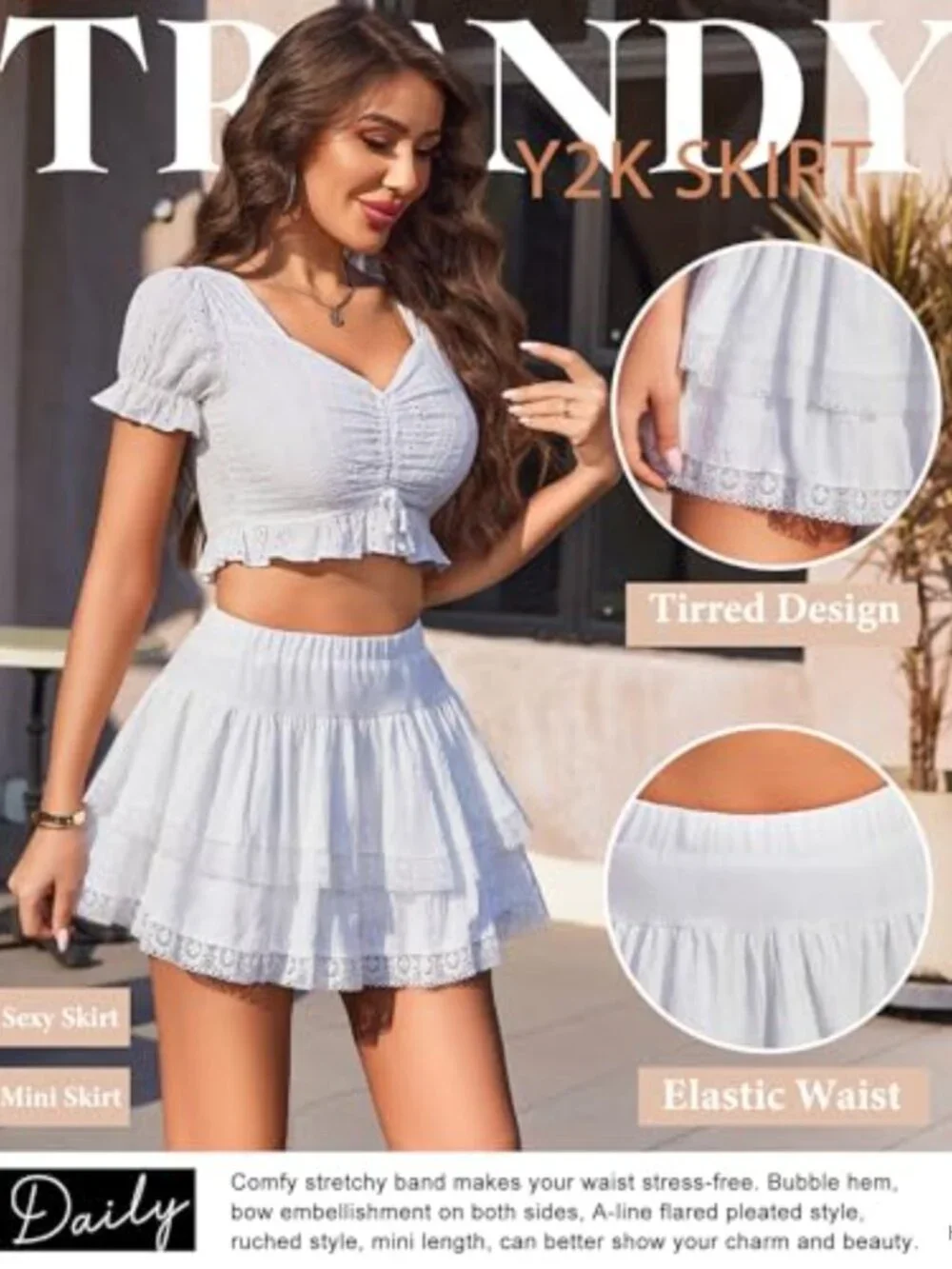 Women's Ruffle Mini Skirt High Waisted A-Line Tiered Lace Hem Polyester